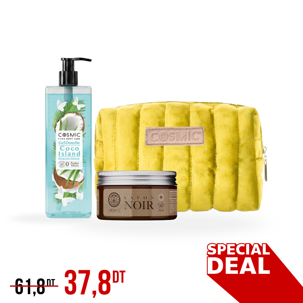 Pack Gel douche COCO &amp; Savon noir + Trousse COSMIC (PROMO)